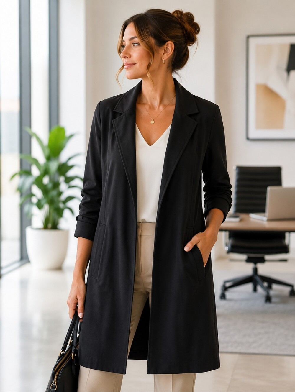 💥💙 le chateau Black Long Trench Style Over Jacket with Tailored Lapel